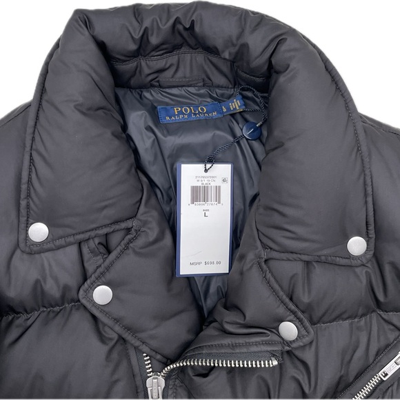 New Polo Ralph Lauren Down Moto Puffer Black Jacket Women’s Size Large - Picture 7 of 16